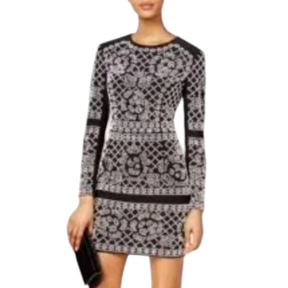 XSCAPE black knit party long sleeve sexy dress with white and clear beads sz 10 - Picture 11 of 11